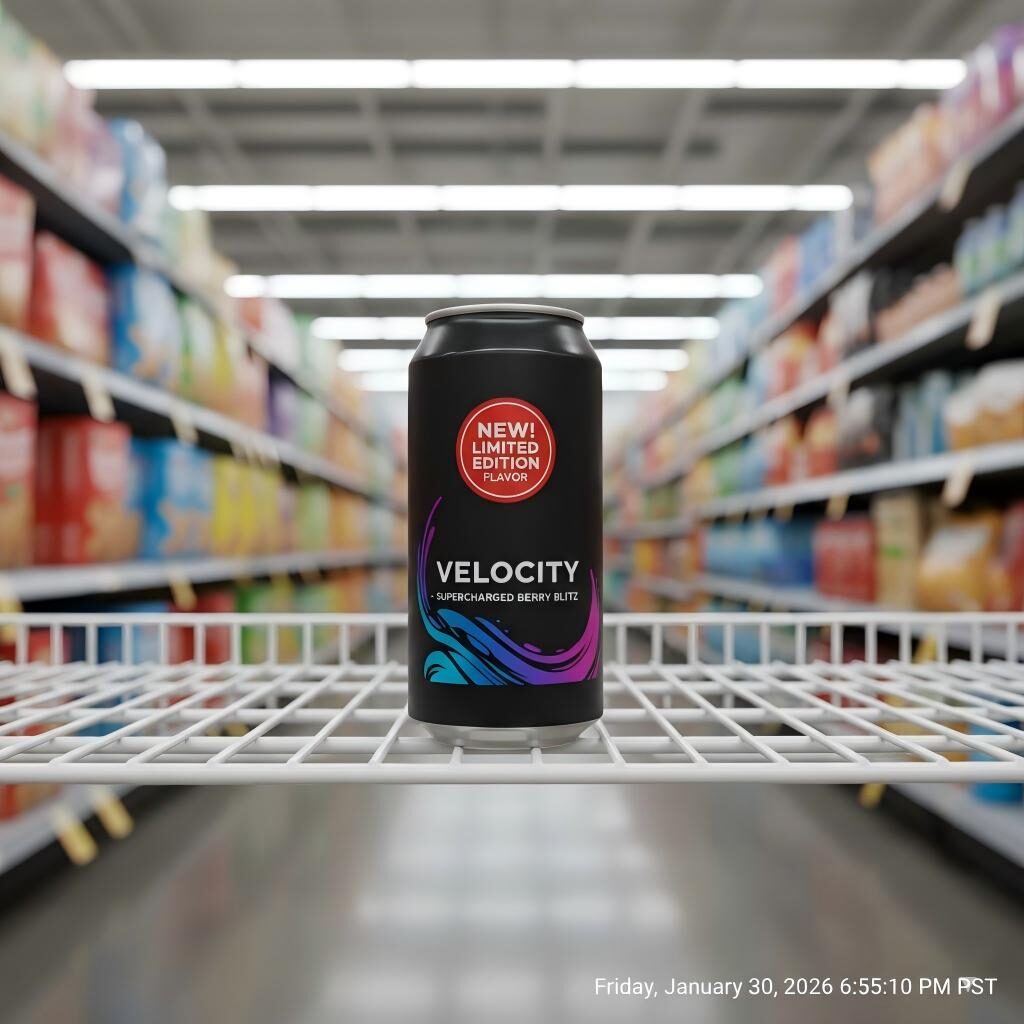 A sleek "Limited Edition" beverage can stands in sharp focus against a blurred supermarket aisle, illustrating how flavor innovation captures consumer attention.