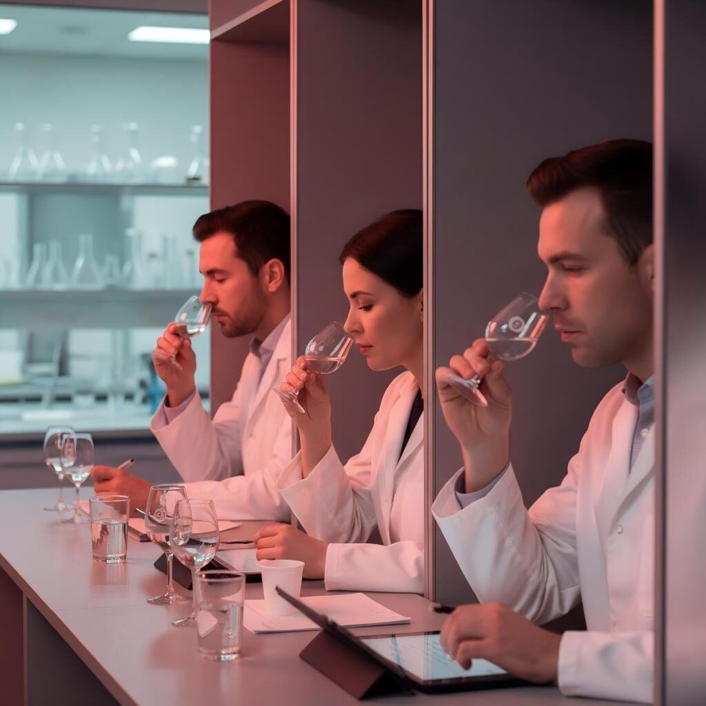 A professional sensory evaluation session featuring tasters in individual booths under red controlled lighting. This environment eliminates visual bias during rigorous taste testing to validate acidity-reduction strategies and flavor profiles in beverages.