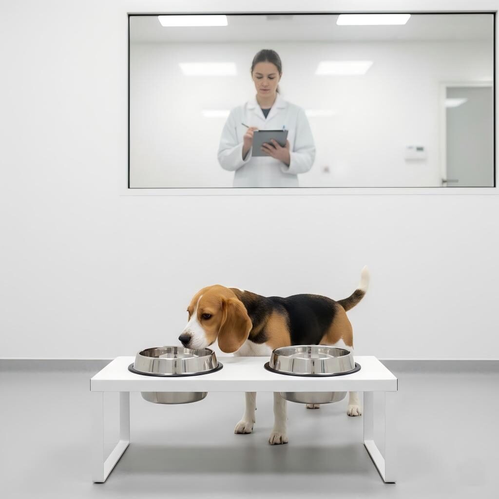 A professional photograph of a controlled palatability trial. A beagle makes a choice between two bowls in a specialized feeding station while a technician monitors the preference data in a clean, laboratory-grade kennel environment.