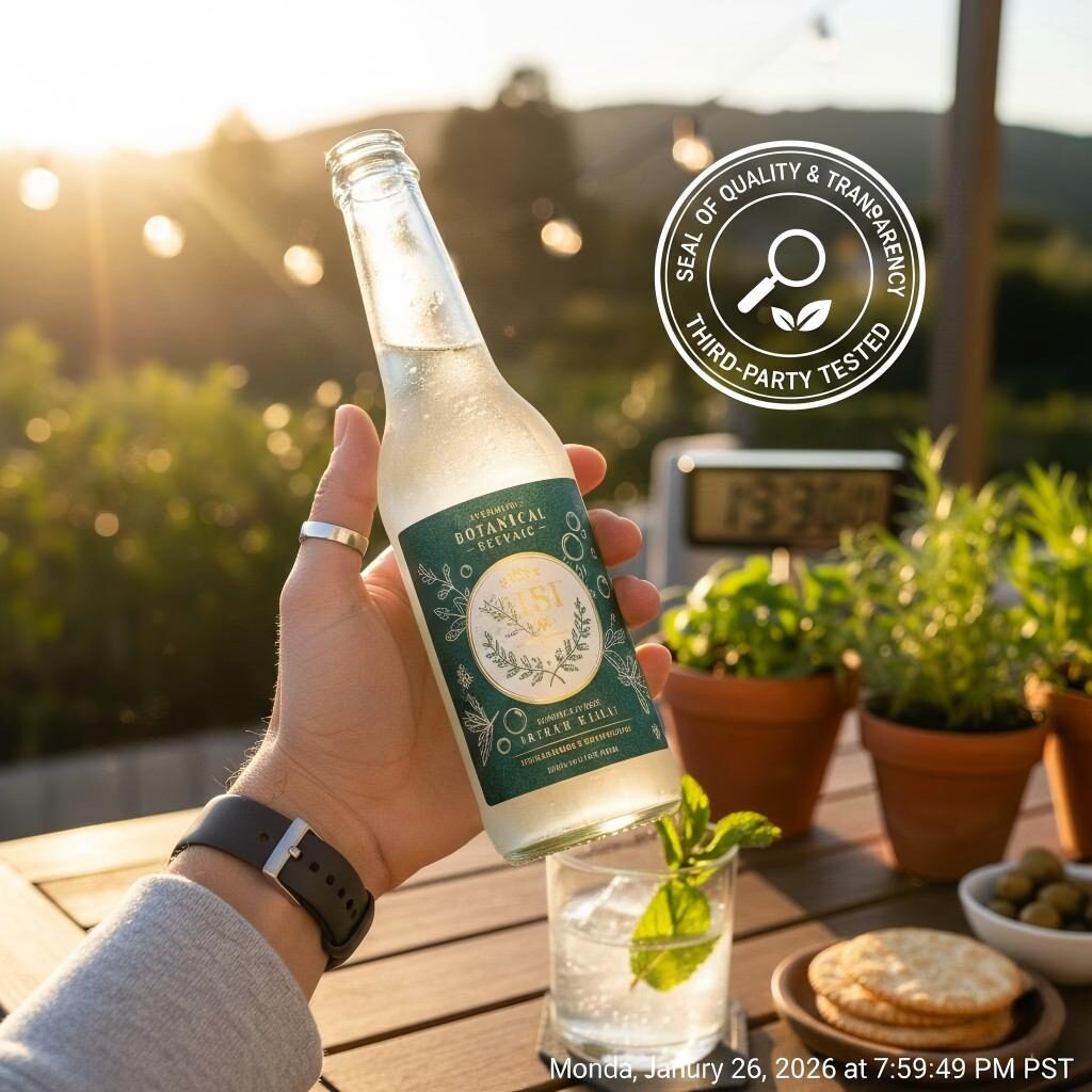 A premium sparkling botanical beverage featuring a "Seal of Quality & Transparency," symbolizing the connection between rigorous manufacturing standards and consumer delight.