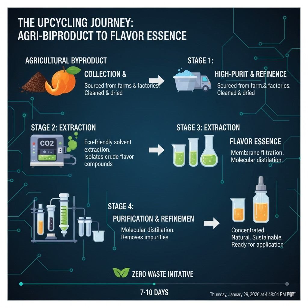 A technical step-by-step infographic illustrating the upcycling journey of agricultural byproducts into high-purity, sustainable flavor essences using advanced extraction and purification.