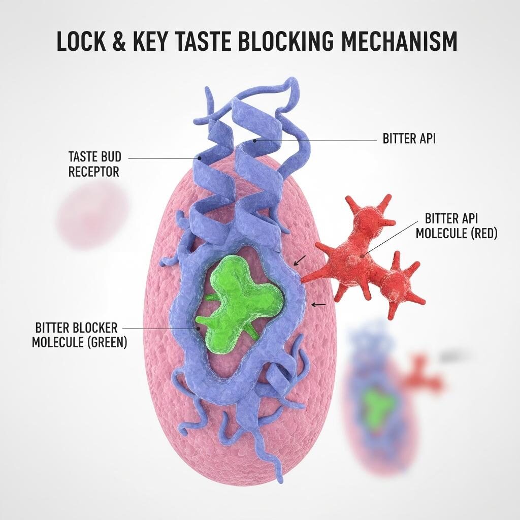 A technical 3D infographic illustrating the molecular mechanism of a bitter blocker (green) binding to a taste receptor to prevent a bitter API molecule (red) from docking, showcasing advanced flavor masking.