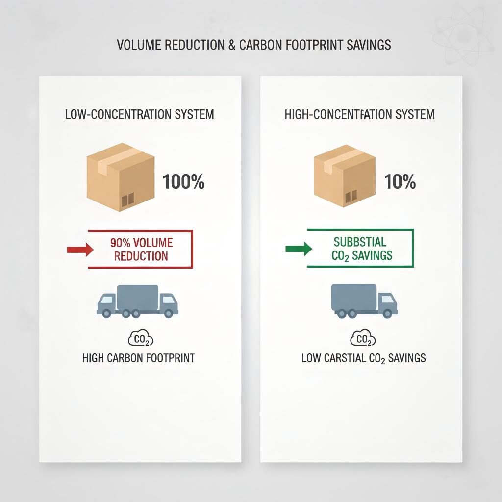A comparative infographic showing how shifting from low to high-concentration systems results in a 90% volume reduction and significant carbon footprint savings.