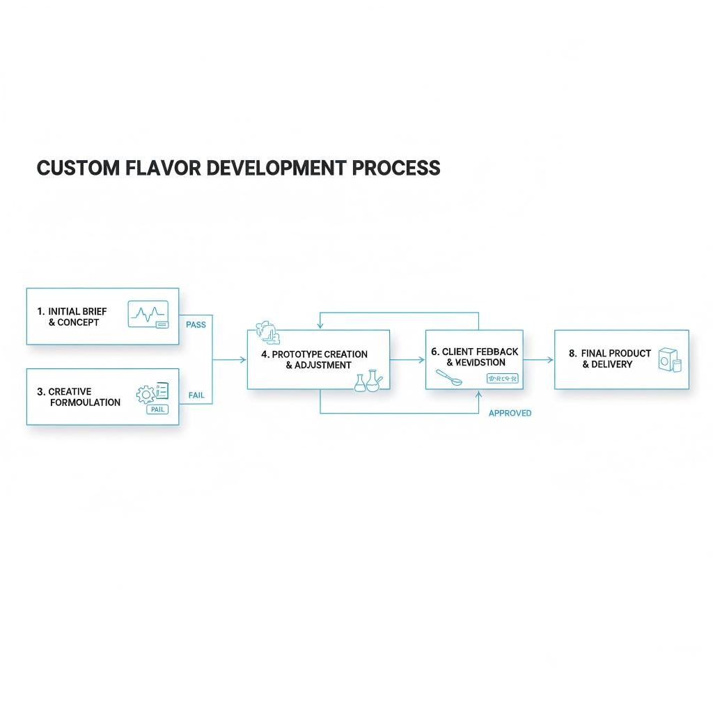 A professional technical flowchart illustrating the step-by-step custom flavor development lifecycle, including initial brief, GC-MS analysis, sensory testing, and final manufacturing scale-up.