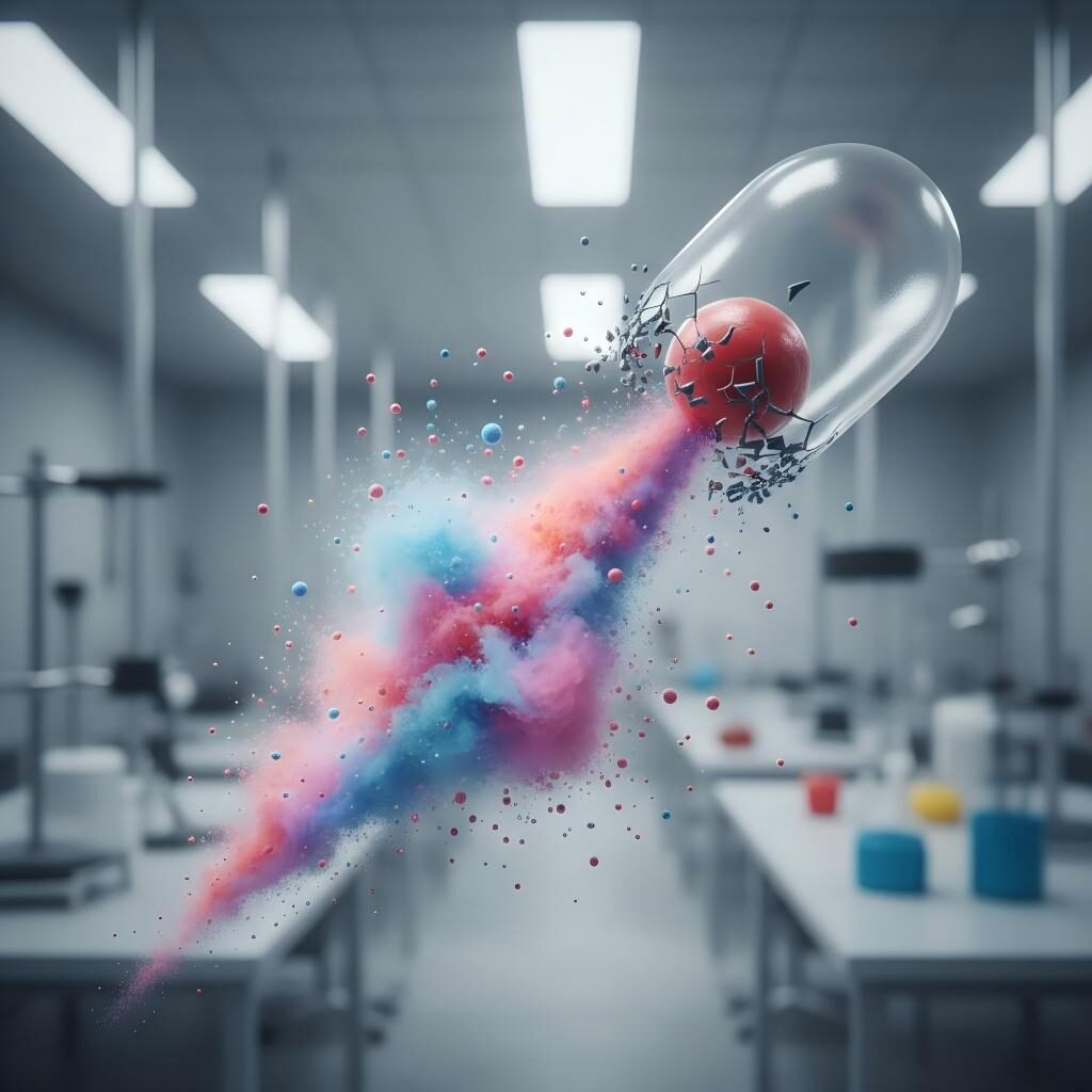 Une visualisation conceptuelle de haute qualité d'une capsule microscopique s'ouvrant pour libérer une explosion vibrante de molécules aromatiques volatiles dans un laboratoire.