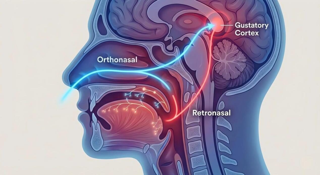 Une coupe anatomique stylisée montrant comment le cerveau et les voies nasales traitent les signaux aromatiques complexes.