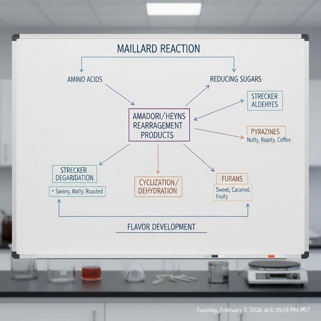 A simplified scientific diagram illustrating the Maillard reaction pathway, showing how amino acids and reducing sugars transform into key aroma classes like pyrazines and furans.