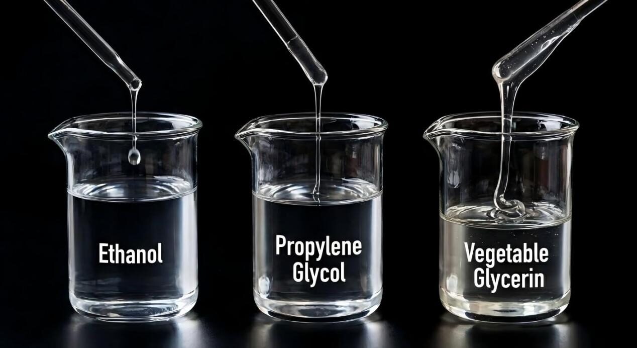 A side-by-side visual comparison of the drip rates and thickness of Ethanol, PG, and VG in a lab setting.