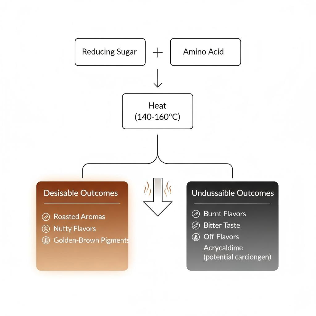 A scientific diagram illustrating the Maillard reaction pathway from reducing sugars and amino acids to desirable roasted aromas and undesirable burnt off-flavors.