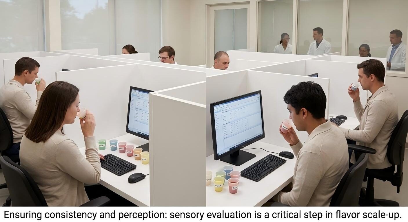 A professional sensory evaluation panel in action, where experts test flavor consistency and perception in controlled booths.