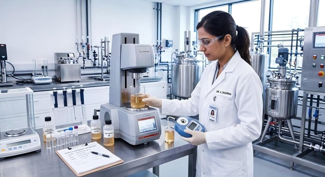 An application scientist meticulously analyzes flavor formulations in a beverage matrix using professional rheometer and refractometer tools.