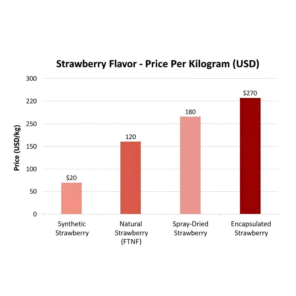 A data-driven bar chart comparing the price per kilogram of various strawberry flavor formats, highlighting the significant cost investment required for premium FTNF and encapsulated technologies.