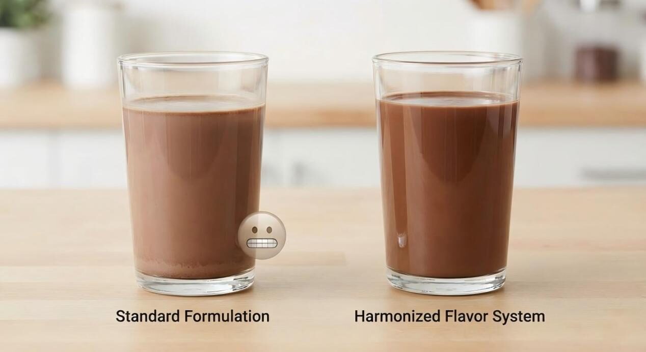 A side-by-side comparison of two chocolate protein drinks showing the visual difference between a standard and a harmonized formulation.