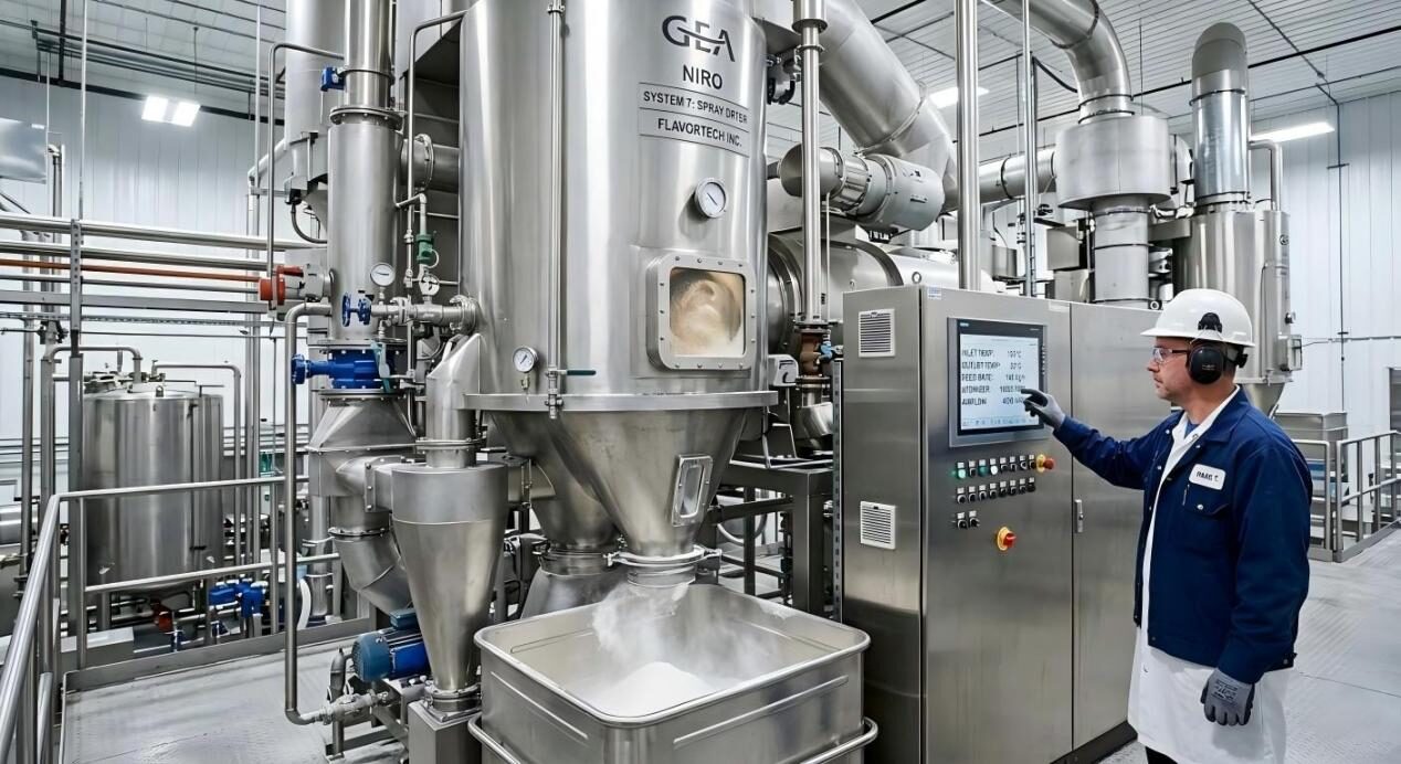 A close-up view of a large-scale industrial spray dryer and technician, showcasing the precision engineering of powdered flavor production.