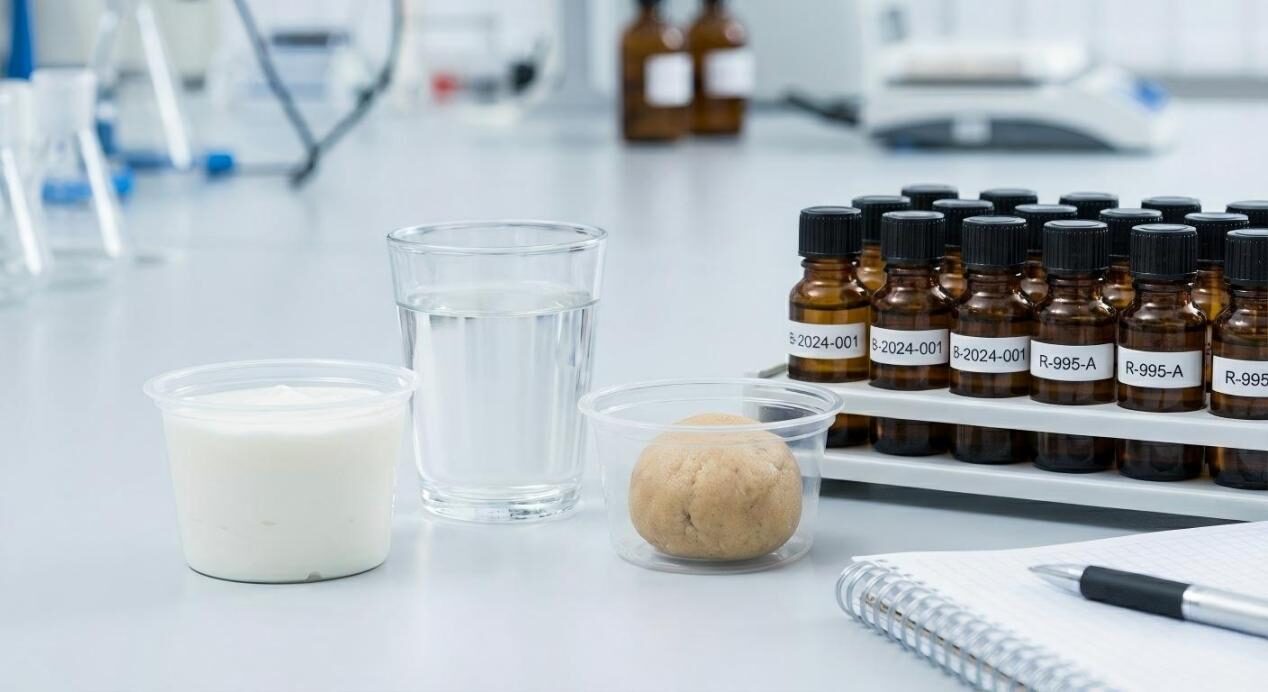 A "benchtop" scenario showing unflavored food bases next to technical flavor samples for product development.