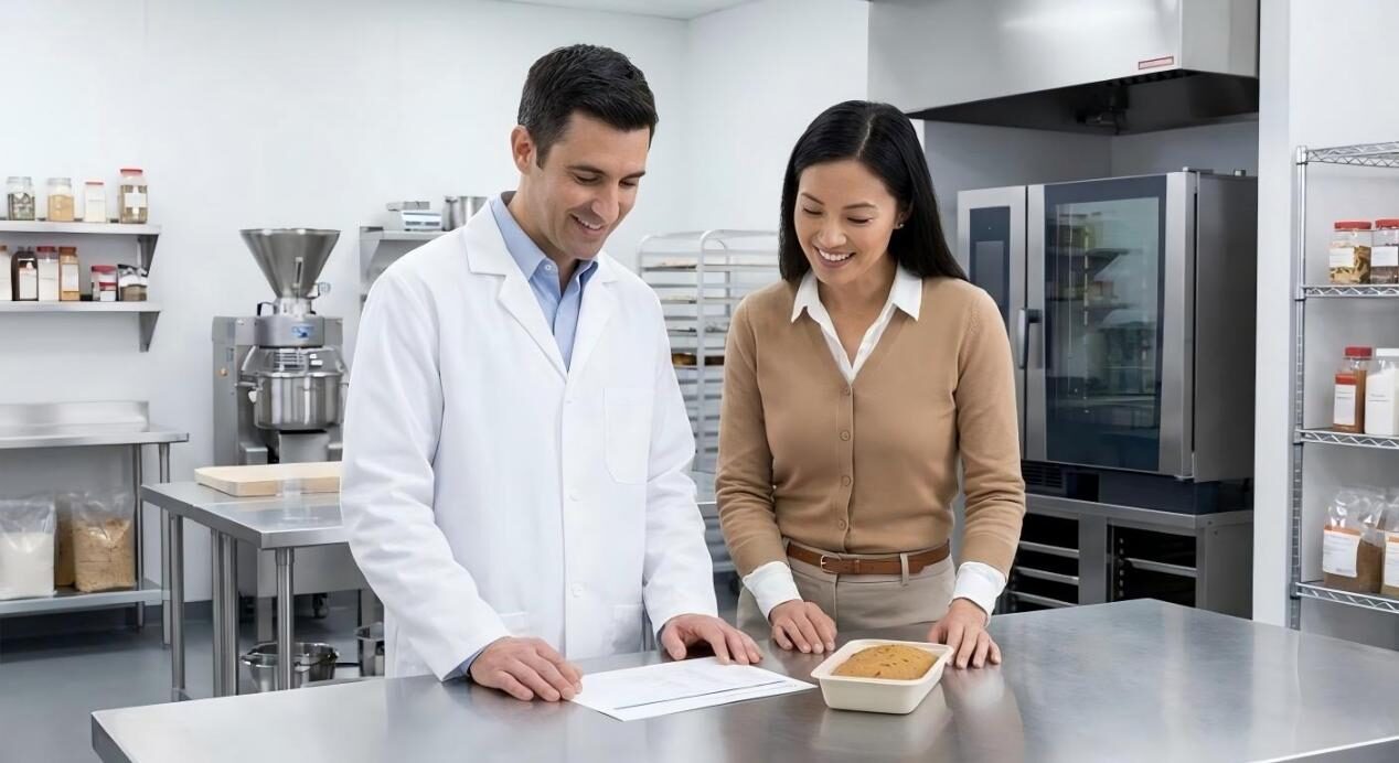A professional scene of a flavor chemist and a developer collaborating on a prototype in a modern research and development facility.