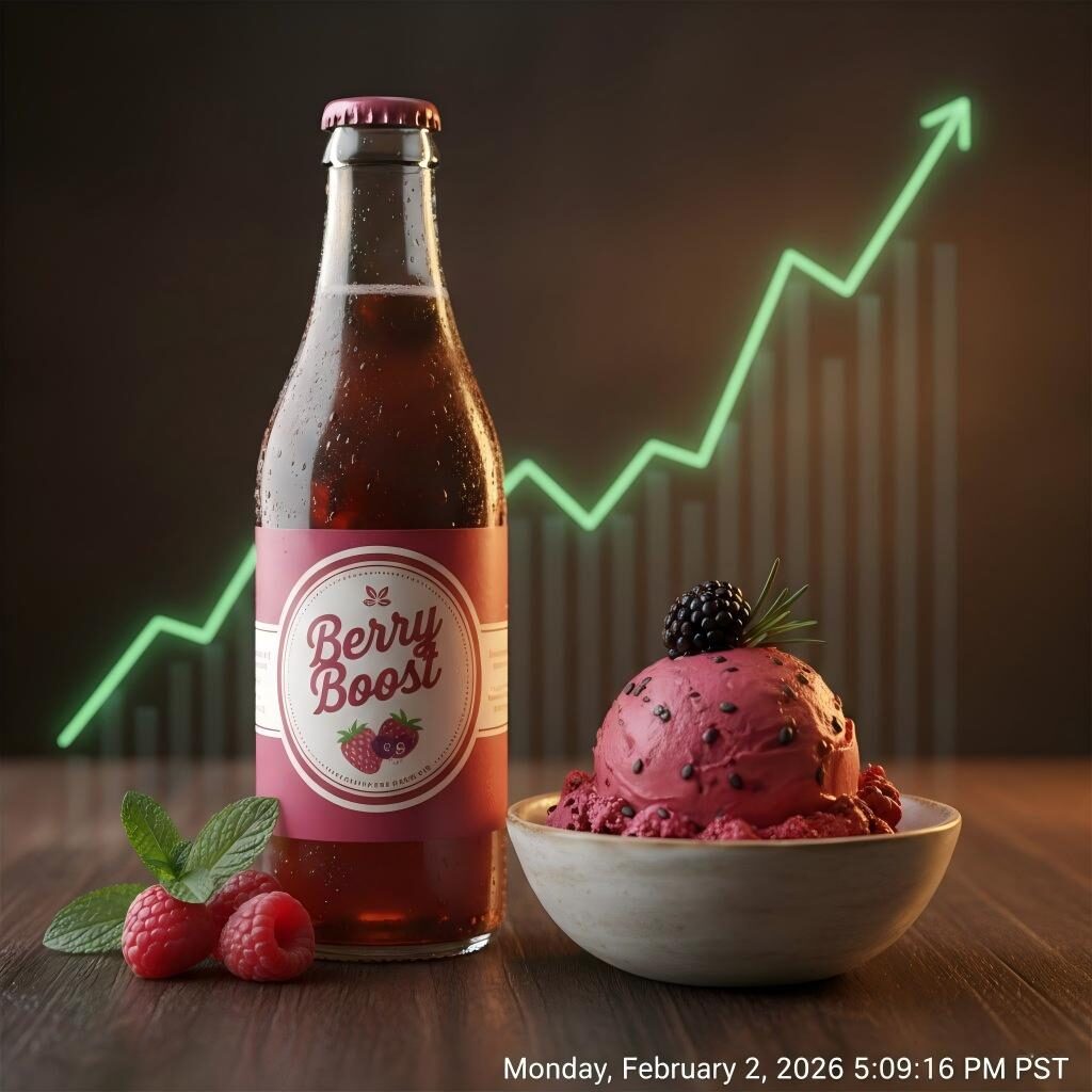 A vibrant lifestyle photograph of premium berry-flavored soda and gourmet ice cream, featuring a glowing green growth graph overlay. This visual highlights how superior flavor profiles translate directly into market success and rising profit margins.
