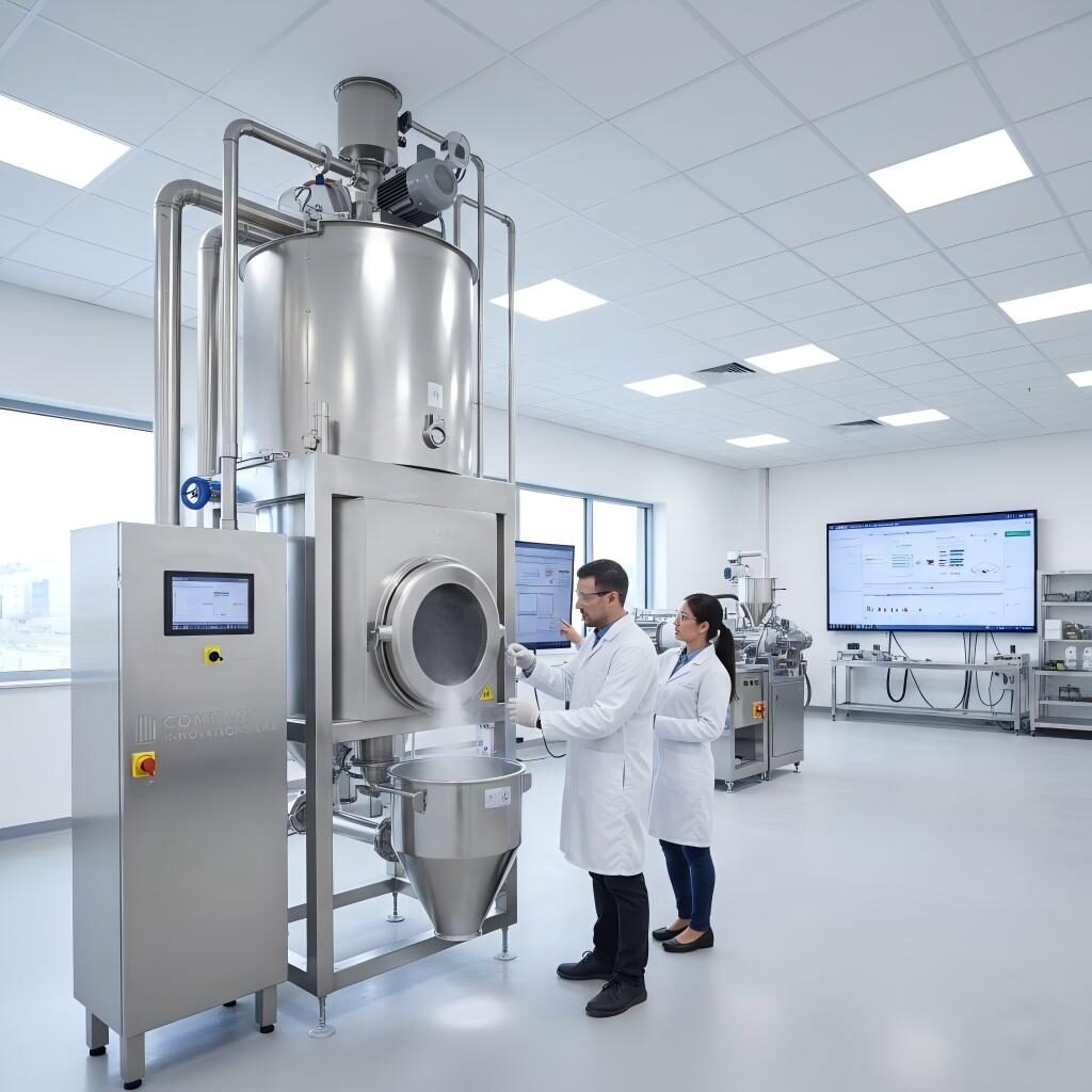 A professional view of a modern flavor R&D pilot plant featuring a stainless steel spray dryer and technicians conducting quality analysis on encapsulated powder samples.