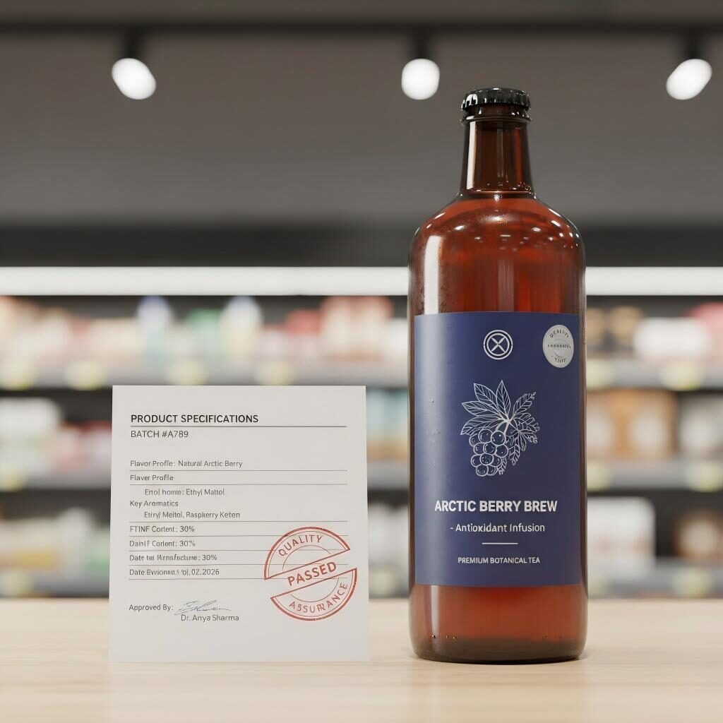 A professional showcase of a premium bottled tea alongside its technical product specifications and quality assurance certification, representing the final stage of successful flavor optimization.