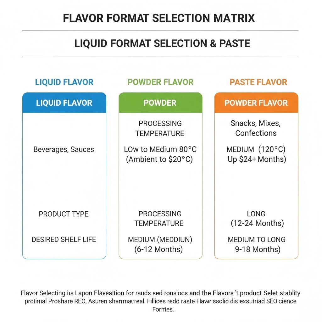 A professional selection matrix for food technologists. Compare liquid, powder, and paste flavors based on product type, heat stability, and shelf-life requirements.