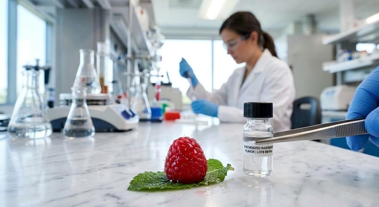 Un primer plano de una frambuesa fresca y un frasco de laboratorio de sabor bioidéntico, que ilustra el puente entre la naturaleza y la ciencia de los alimentos.