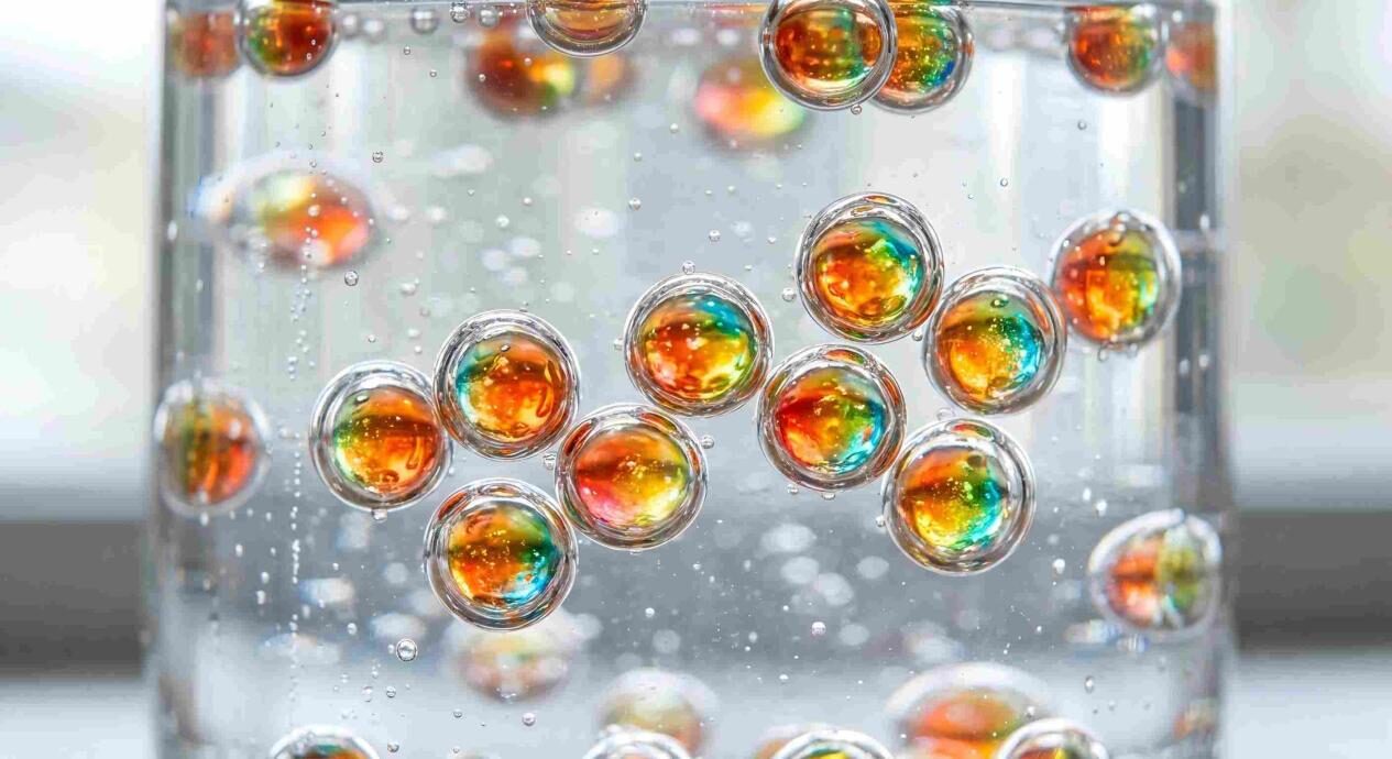 Una fotografía conceptual de alta resolución de microcápsulas esféricas con núcleos líquidos multicolores radiantes flotando en una bebida transparente.