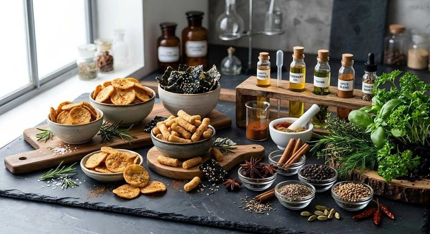 A high-contrast visual exploring the intersection of raw botanicals and modern snack forms like lentil crisps and protein puffs.