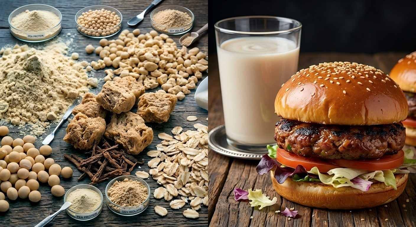 A macro photo showing the transition from raw ingredients like pea protein and soy to a finished plant-based burger.