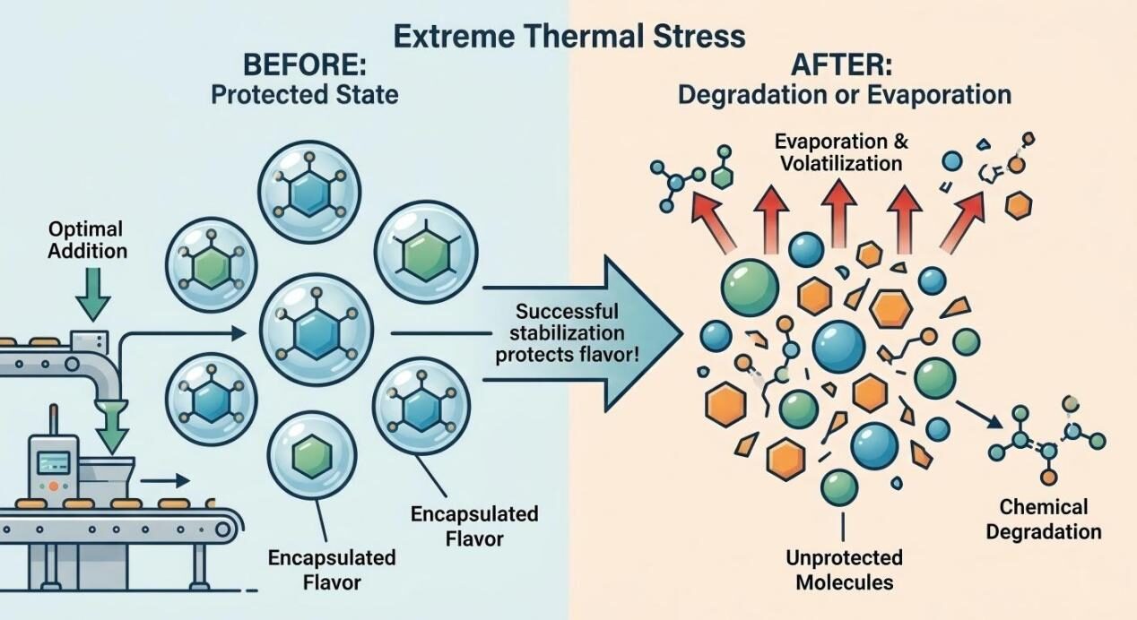 A technical infographic diagram illustrating how encapsulation technology protects stylized flavor molecules from thermal degradation and evaporation.