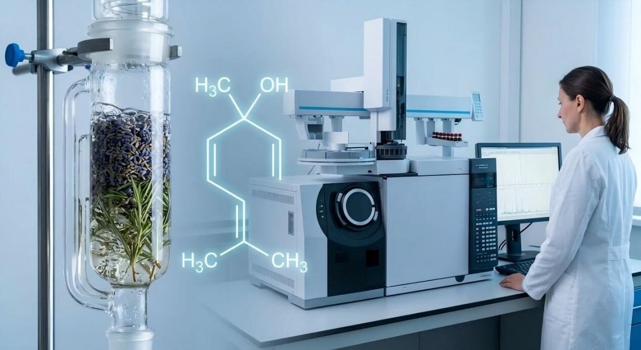 A visual blend of nature and science featuring advanced extraction equipment alongside molecular structures of natural botanical compounds.