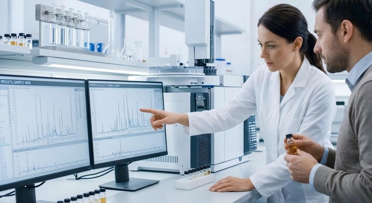 Inside a modern analytical laboratory: a chemist explains GC-MS test results and chromatograms verifying e-liquid sample purity.