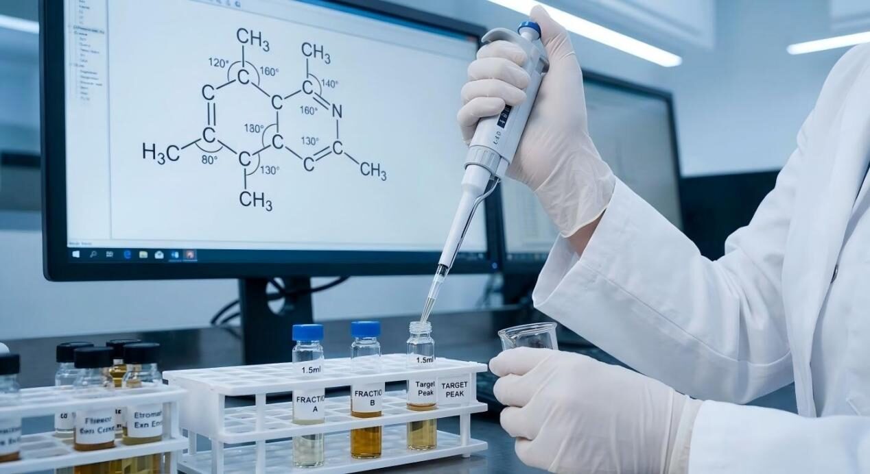 An analytical focus: a flavor chemist uses a micro-pipette for precise GC-MS sampling, with complex molecular diagrams visible on a background monitor.