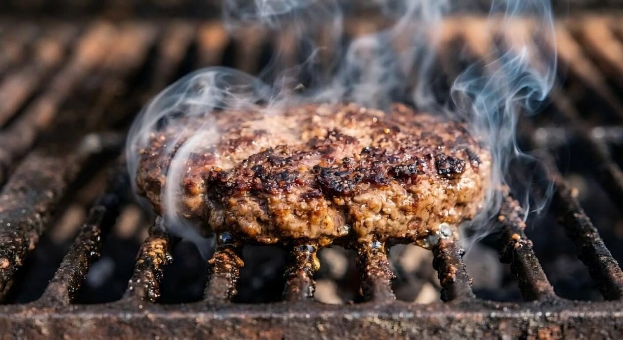 A close-up of a plant-based meat patty sizzling on a hot grill, capturing the smoke and texture of the cooking process.