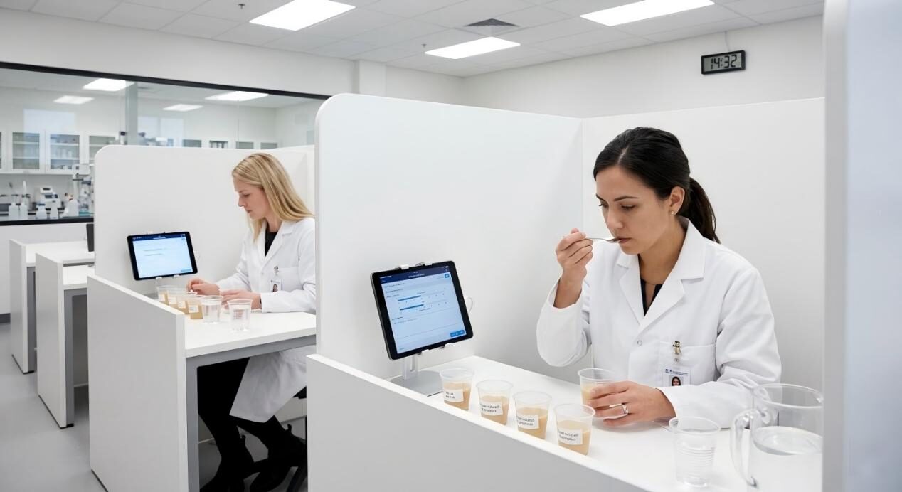 Professional sensory panelists evaluating sugar-reduced beverage samples using digital data entry in a controlled lab environment.