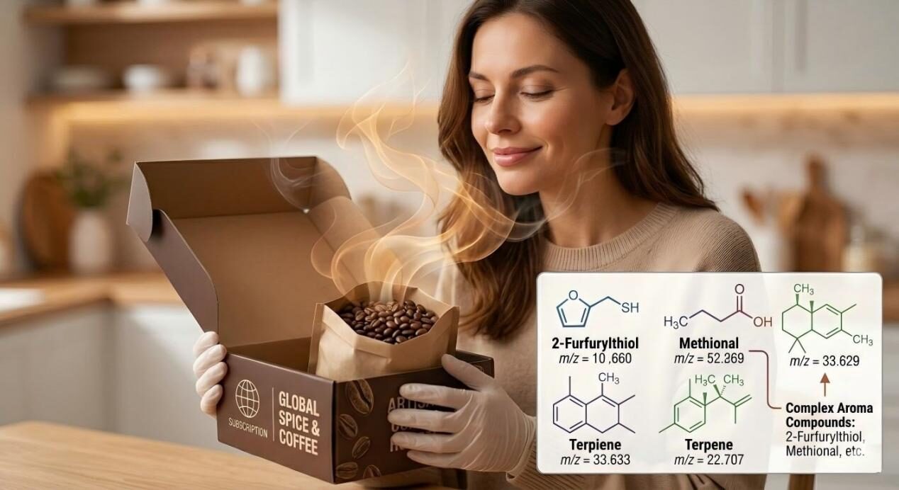 A consumer's sensory experience opening a premium coffee box, highlighted by technical overlays of complex aroma compounds like 2-furfurylthiol.