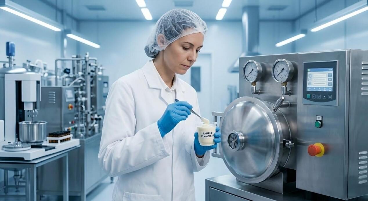 A photorealistic image of an application scientist validating flavor stability in yogurt using pilot-scale industrial equipment and retort machines.