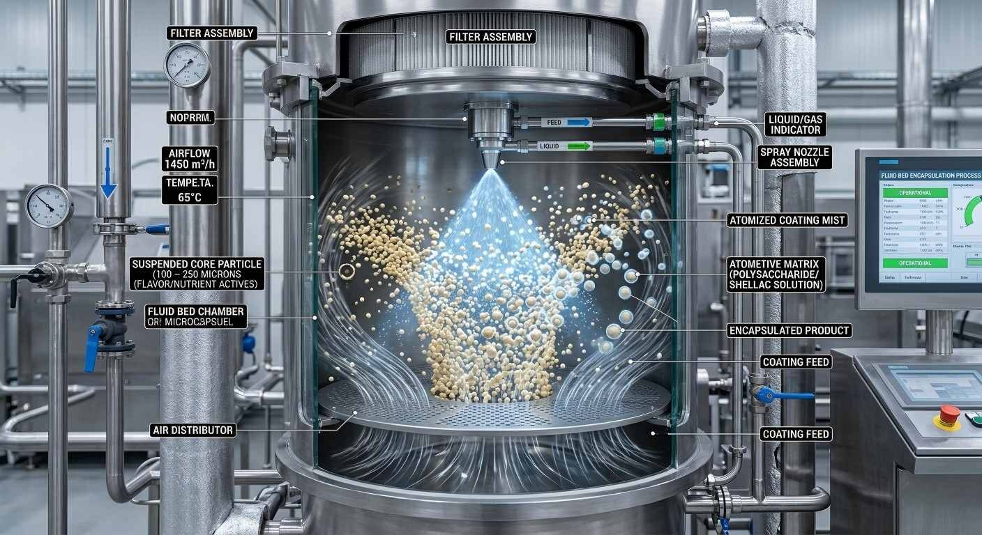 Gain a deeper understanding of the high-speed fluid-bed encapsulation process, where microscopic particles are precision-coated with a protective matrix.