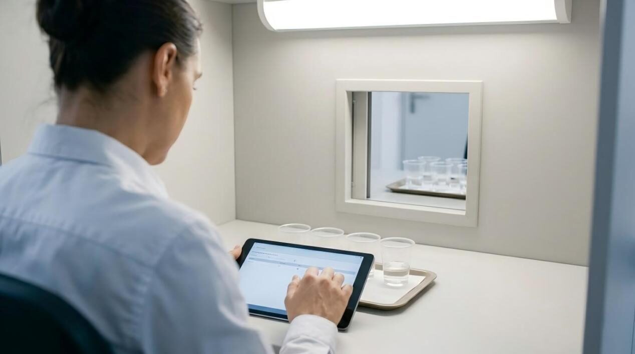 An interior shot of a professional sensory analysis booth, showing a panelist evaluating flavor samples in a controlled, clinical environment.