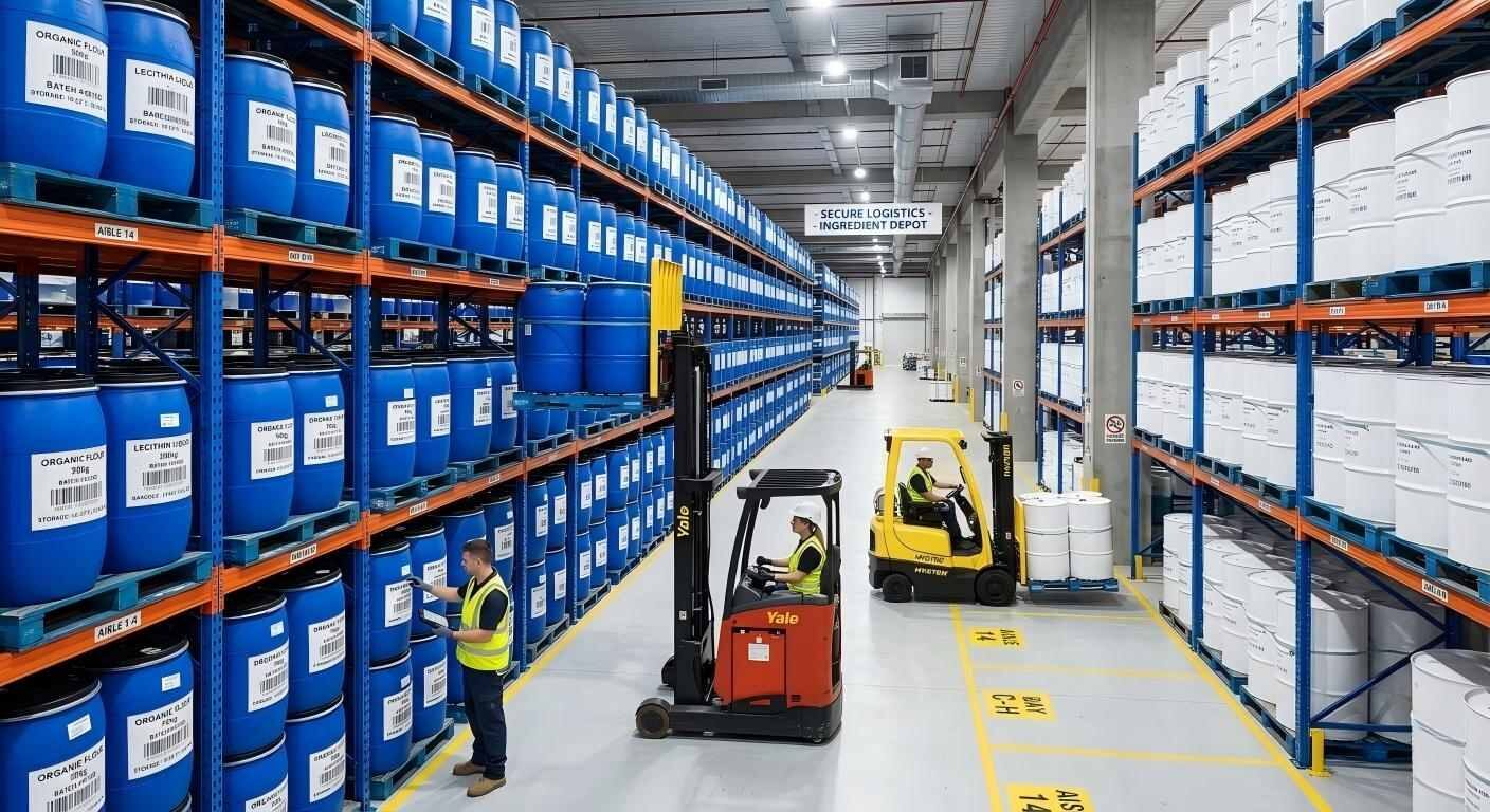 An expansive, temperature-controlled warehouse showing organized inventory racking and efficient forklift operations for food ingredients.