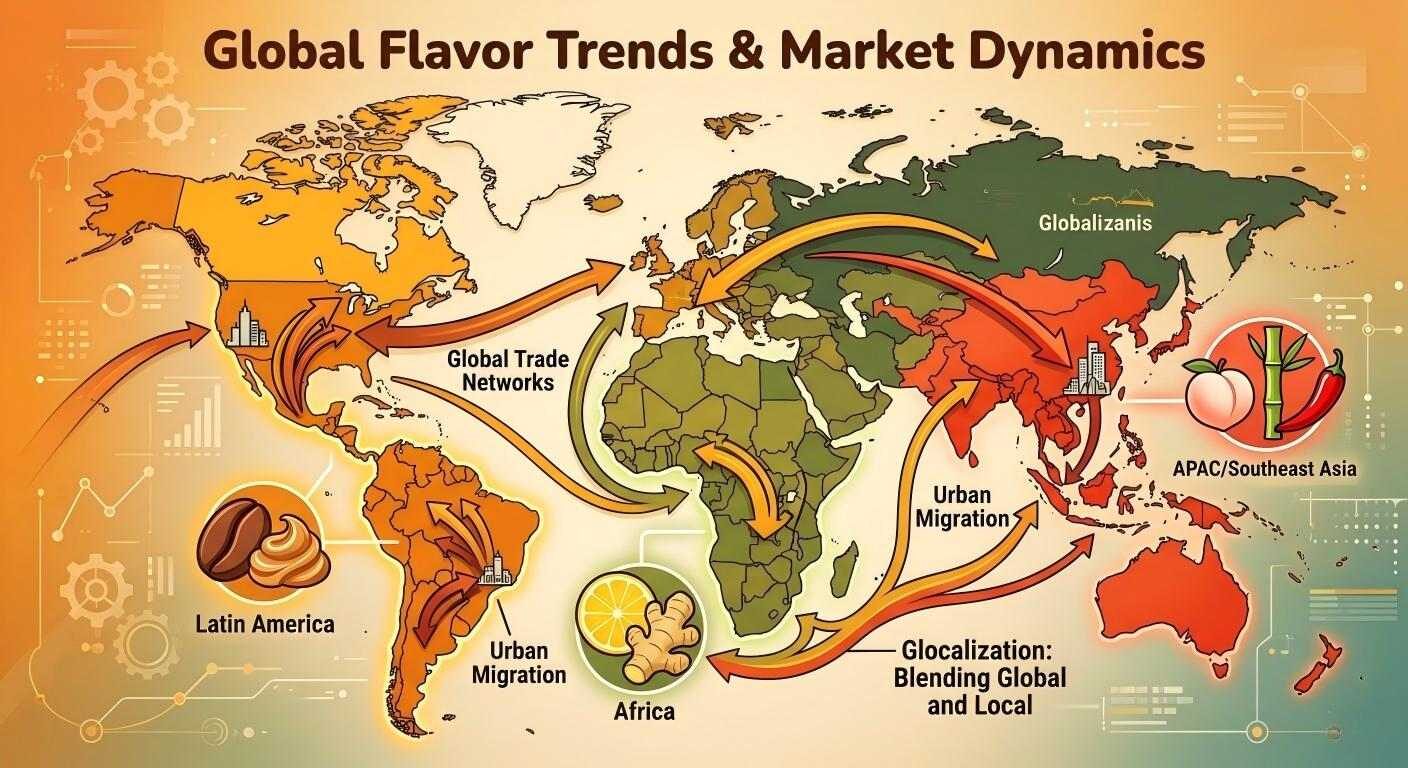 An energetic infographic illustrating global trade flows and regional flavor trends across Latin America, Africa, and Southeast Asia.