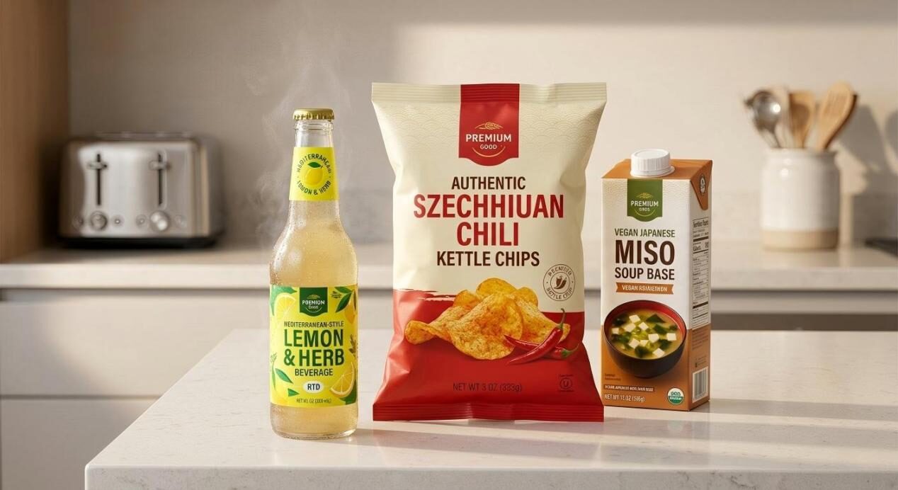 A lifestyle kitchen shot showcasing finished retail products like kettle chips and soup bases, highlighting the successful commercialization of lab-developed flavors.
