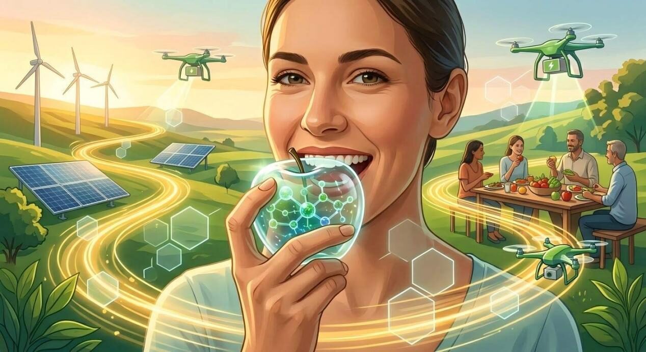 A conceptual representation of a tech-driven, sustainable future featuring green energy, advanced molecular science, and transparent food systems.