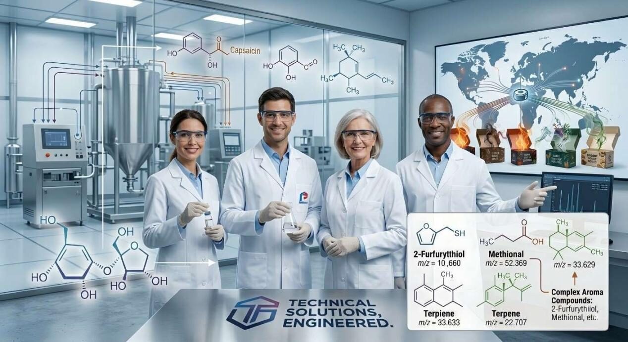 A professional team of flavor chemists in a state-of-the-art facility, showcasing the transition from lab-scale R&D to global industrial production.