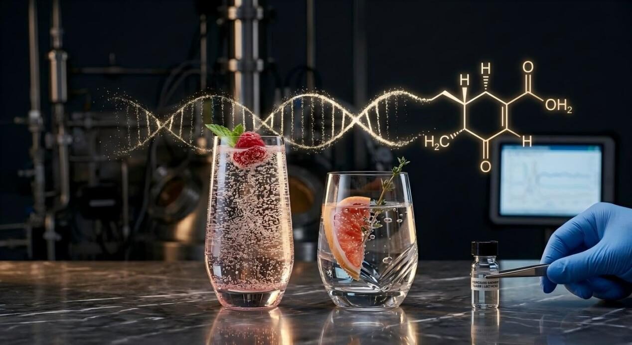 Elegant craft beverages paired with a stylized DNA helix and molecular formula, symbolizing the future of sensory biotech experiences.