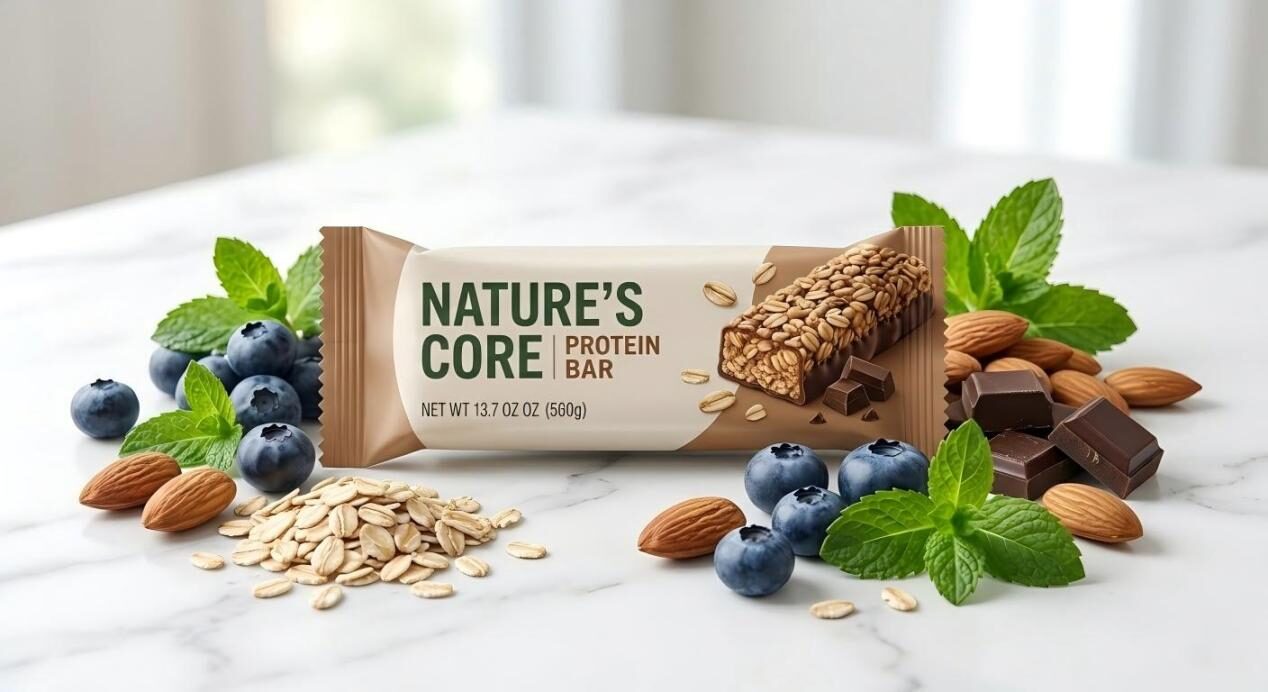 A polished product photograph of a 'Nature's Core' protein bar on a marble surface, artfully arranged with fresh ingredients like blueberries, almonds, and oats.