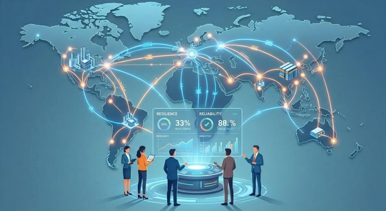 A digital illustration of a global collaborative network connecting manufacturing centers, raw material sources, and F&B partners.