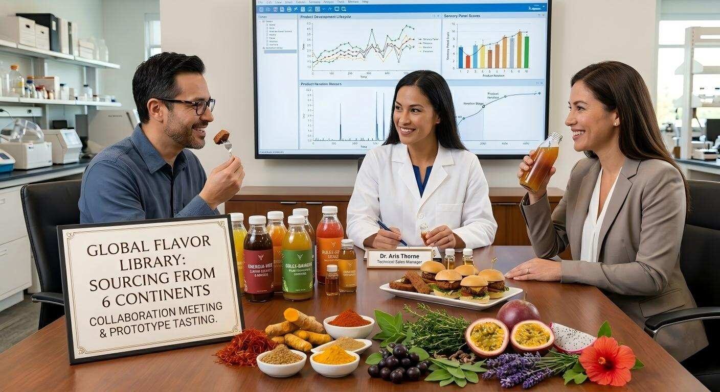 A professional collaboration between a technical flavorist and manufacturing clients during a prototype tasting and sensory evaluation session.