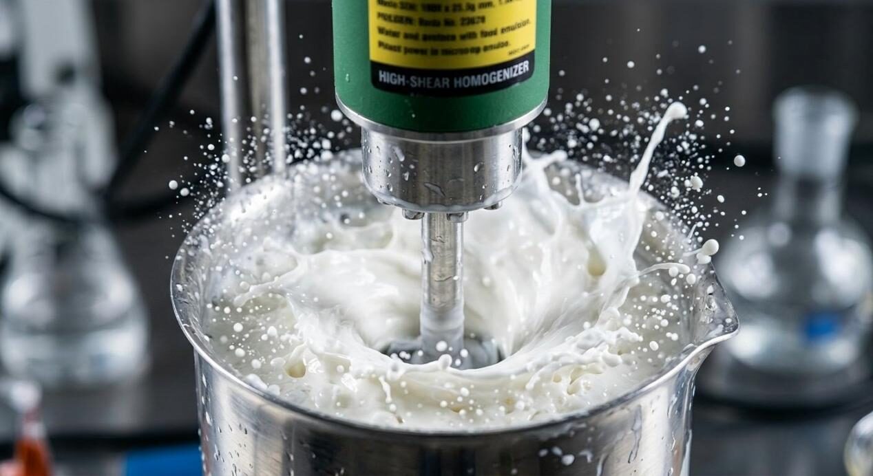 Une prise de vue macro détaillée capturant le mouvement dynamique du fluide et la formation d'émulsion dans un homogénéisateur à haut cisaillement dans un bécher en acier inoxydable.