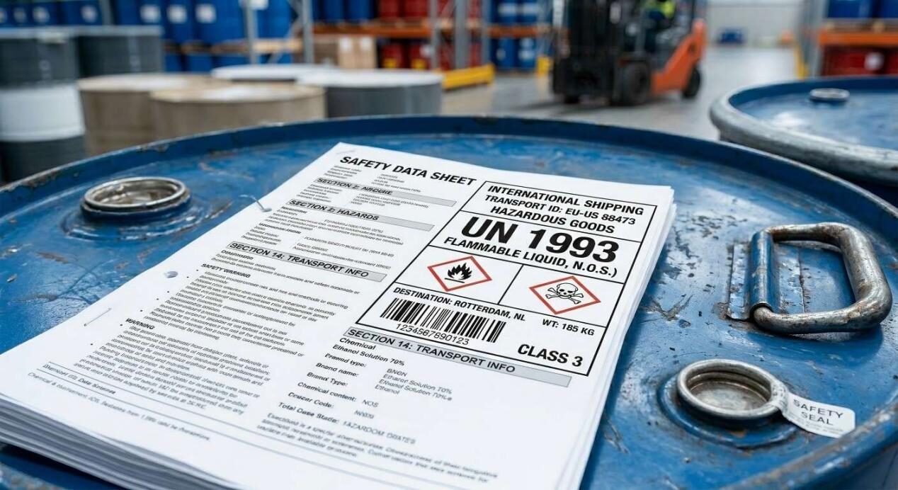 Une photo macro d'une fiche de données de sécurité et d'une étiquette d'expédition internationale avec le code ONU 1993 reposant sur un tambour industriel métallique.