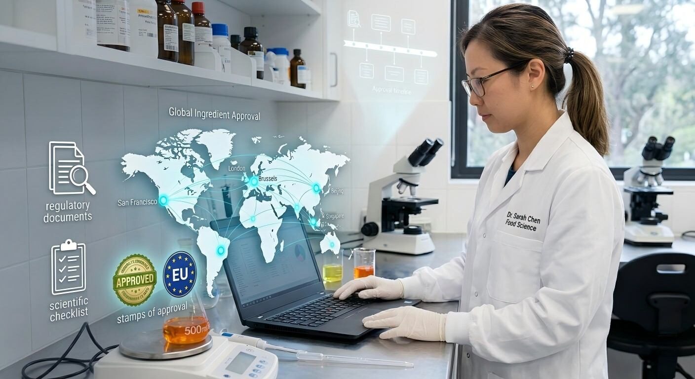 Une infographie moderne superposant une carte de nœuds mondiaux avec des icônes réglementaires telles que les timbres GRAS et UE, symbolisant la conformité internationale en matière de sécurité alimentaire.